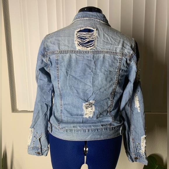 machine pour trucker jean jacket denim with beads pearls distressed denim - Picture 3 of 7